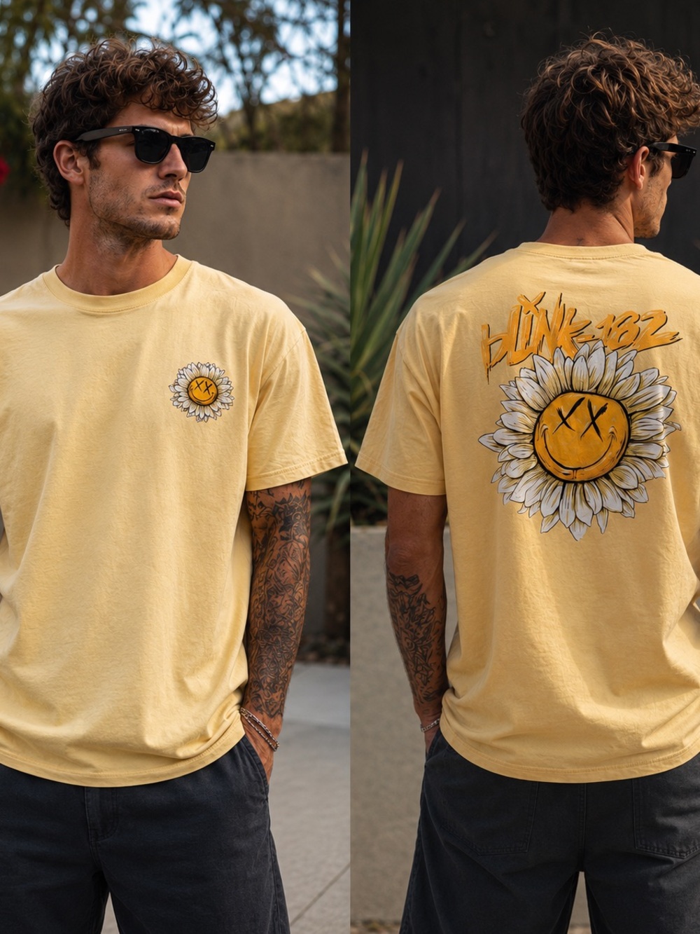 Blink-182 T-Shirt Men's Medium Yellow Sunflower Smiley Graphic Crew Neck